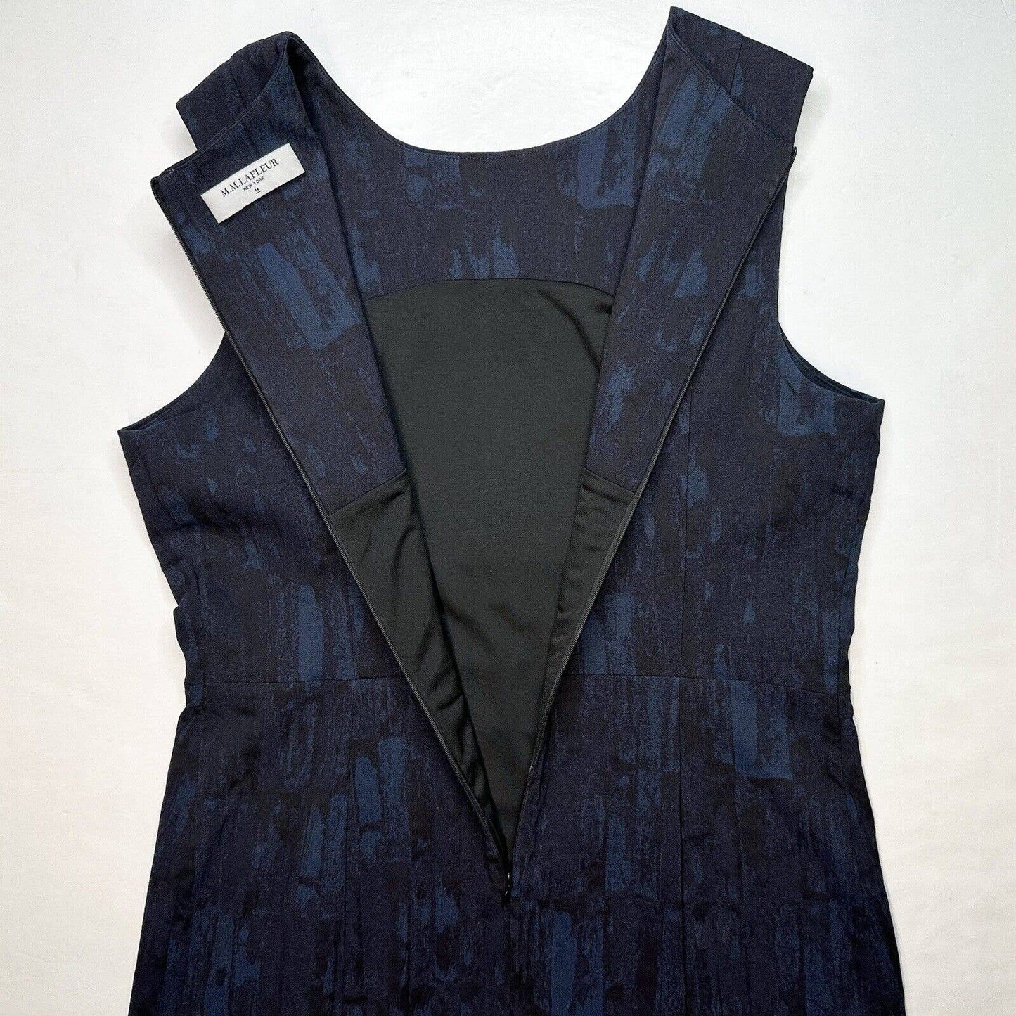 MM LaFleur Shirley Sheath Dress 14 Blue/Black Jacquard Sleeveless Stretch Slit