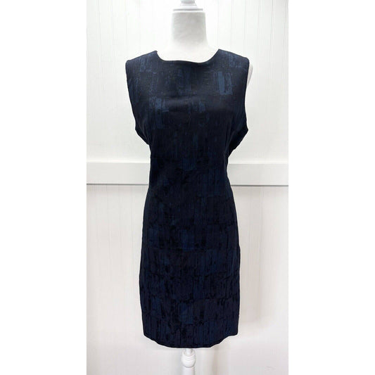 MM LaFleur Shirley Sheath Dress 14 Blue/Black Jacquard Sleeveless Stretch Slit