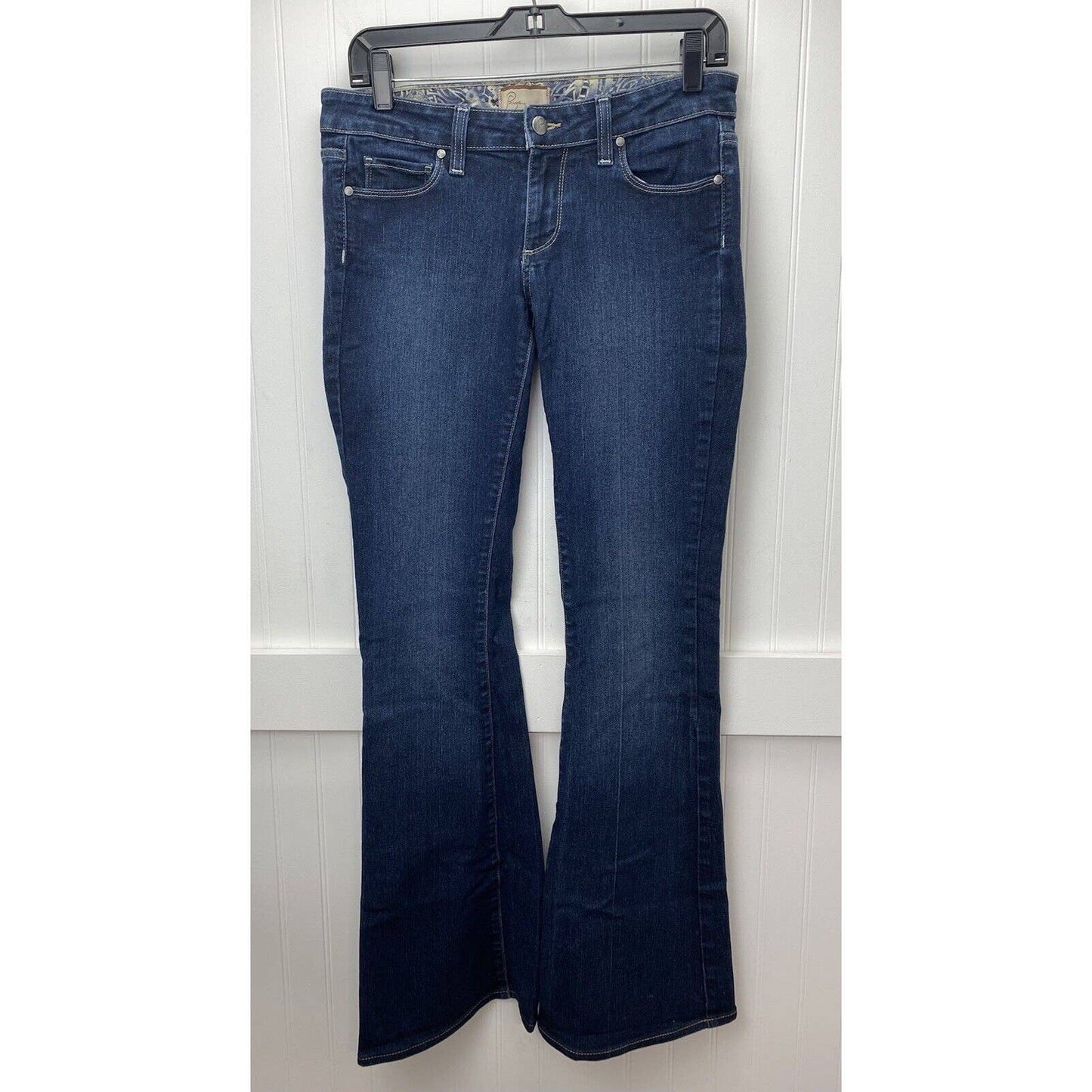 Paige Canyon Flare Jeans Sz 27 Womens Lowrise Stretch Denim Blue Dark Wash EUC