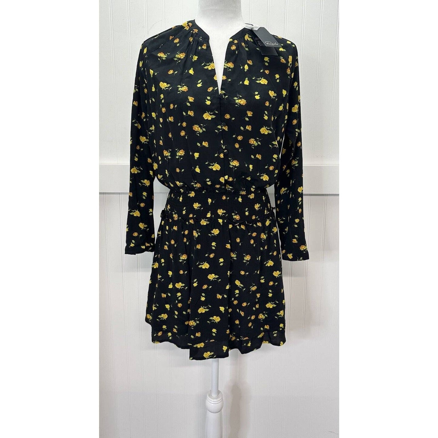 Rails Jasmine Dress XS Black Floral Yellow Roses Semi Sheer Smocked Waist NEW