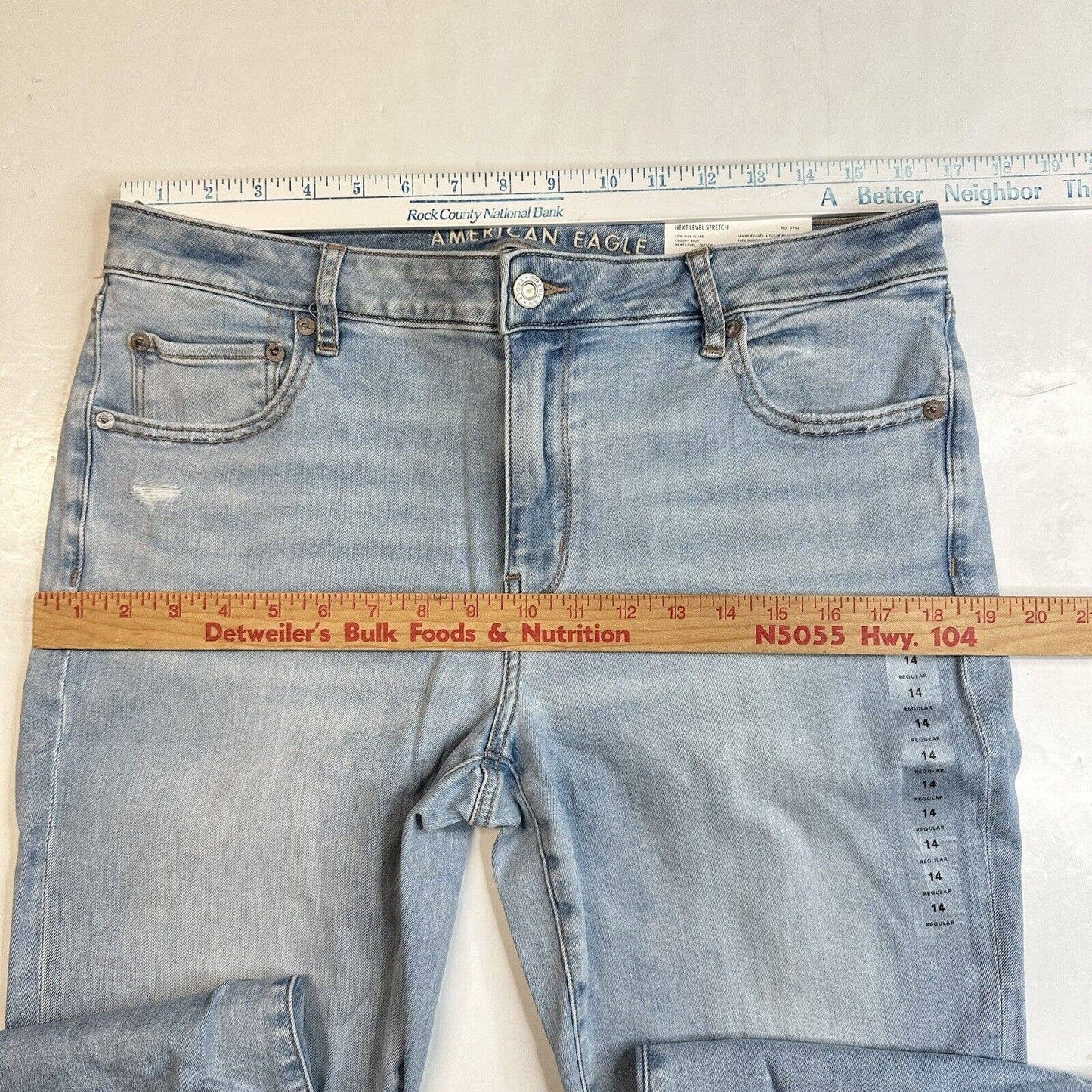 American Eagle Lowrise Flare Jean 14 Next Level Stretch Denim Distressed NEW