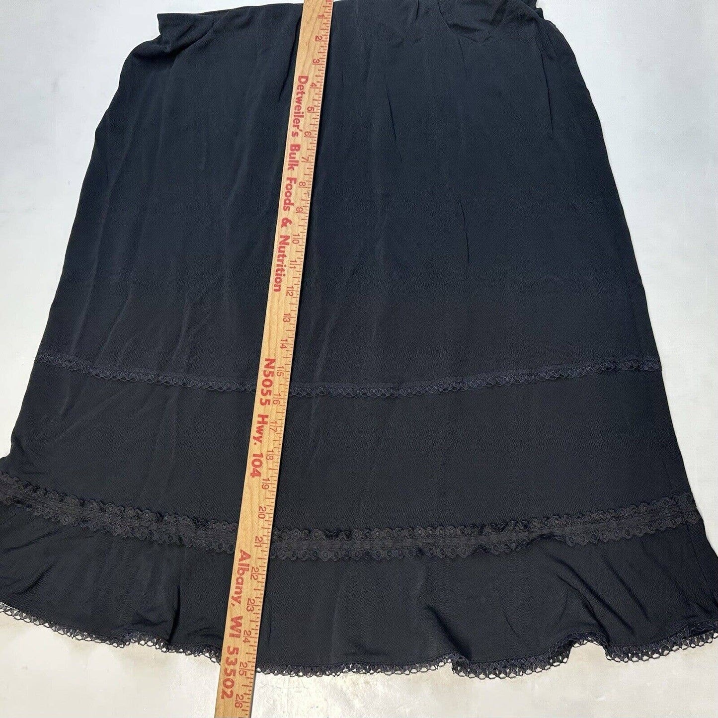 J.Jill Midi Skirt Large Black Pull On Slinky Slip Lace Trim Lightweight 90s