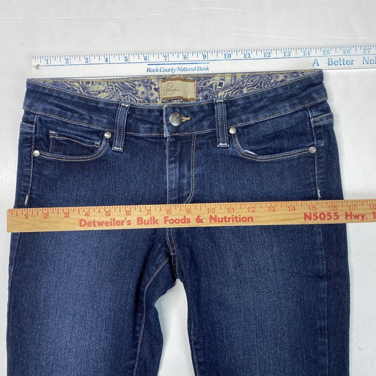 Paige Canyon Flare Jeans Sz 27 Womens Lowrise Stretch Denim Blue Dark Wash EUC