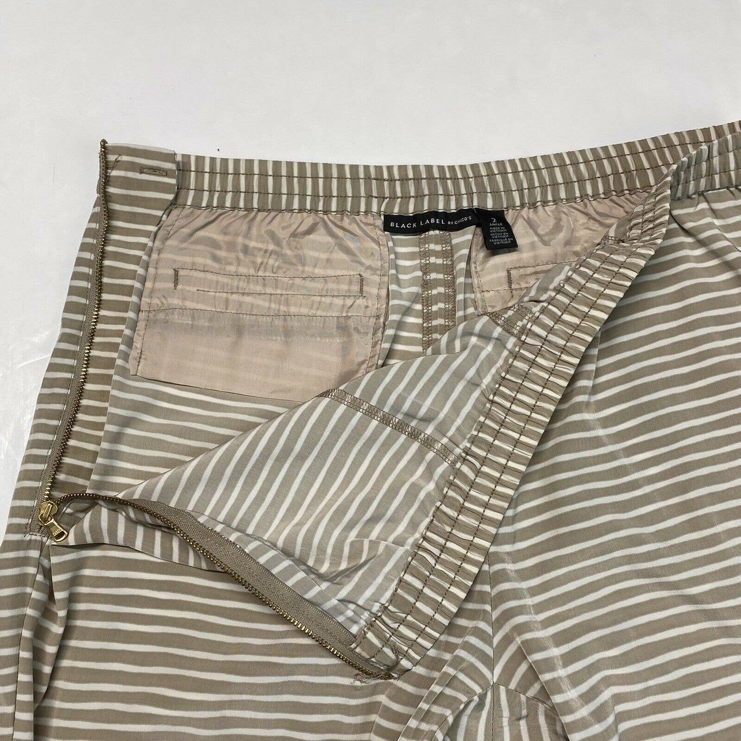 Black Label Chicos Striped Ankle Tie Pants Sz 2 (US 12) Beige Elastic Side Zip