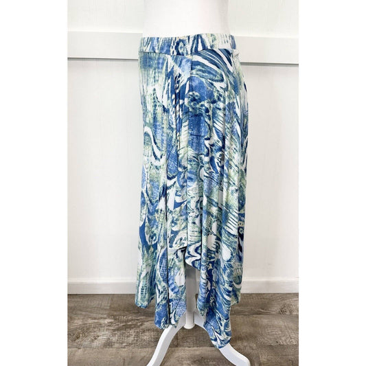 Chicos Midi Skirt Sz 1 (Medium) Pull On White Blue Pattern Asymmetrical Coastal