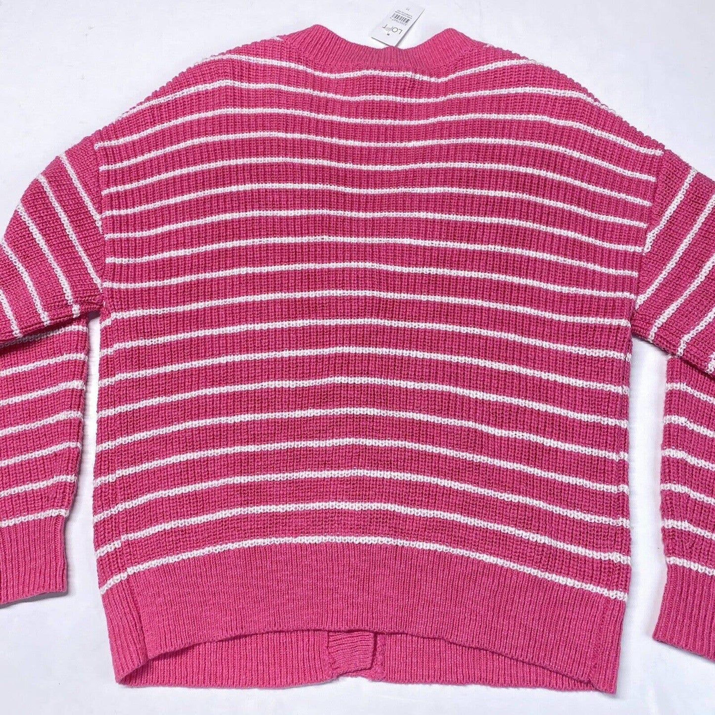 Loft Button Up Knit Cardigan Medium Pink/White Striped Long Sleeve Sweater NEW