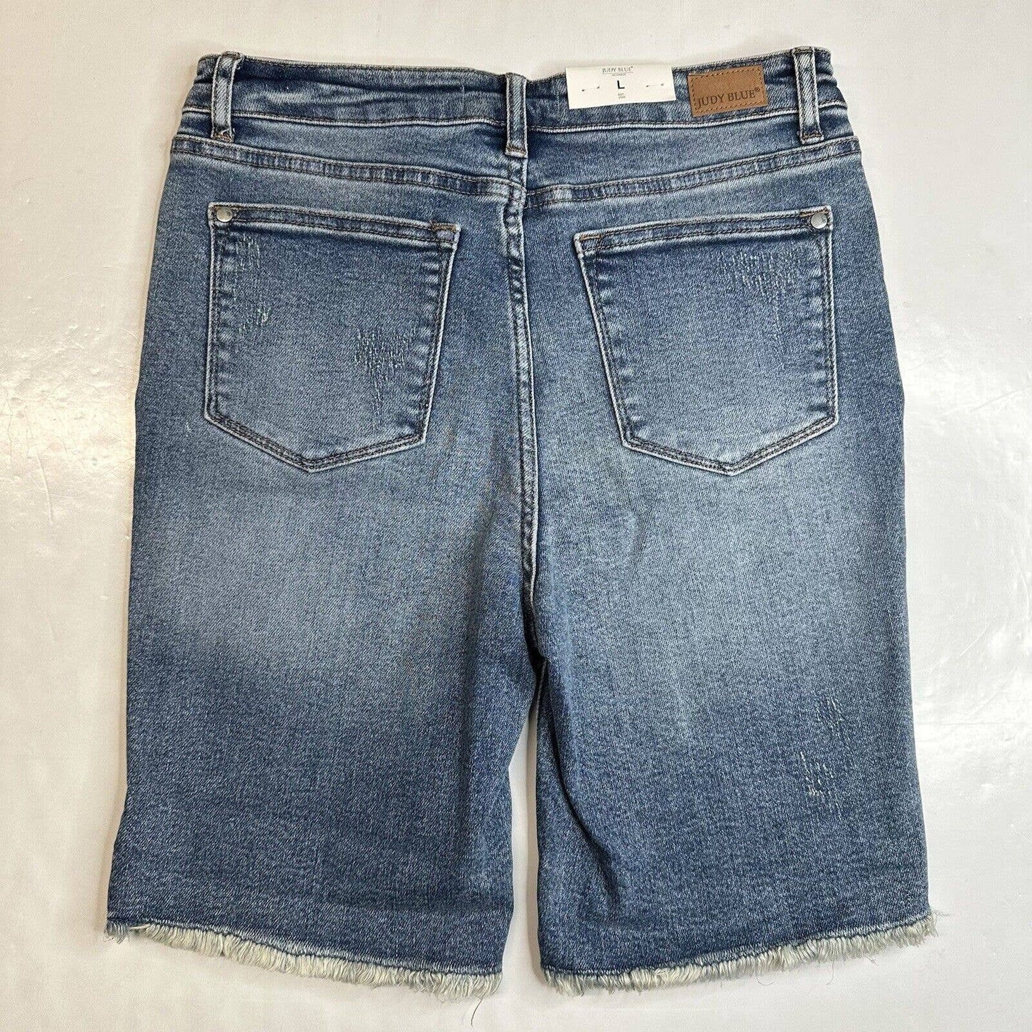 Judy Blue Aubrey High Waist Bermuda Shorts Sz Large Denim Blue Jean Distress NEW