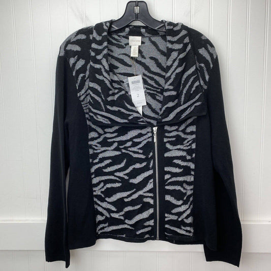 Chicos Eliza Zip Up Knit Cardigan Sz 2 (Large) Zebra Black/Silver Sweater NEW