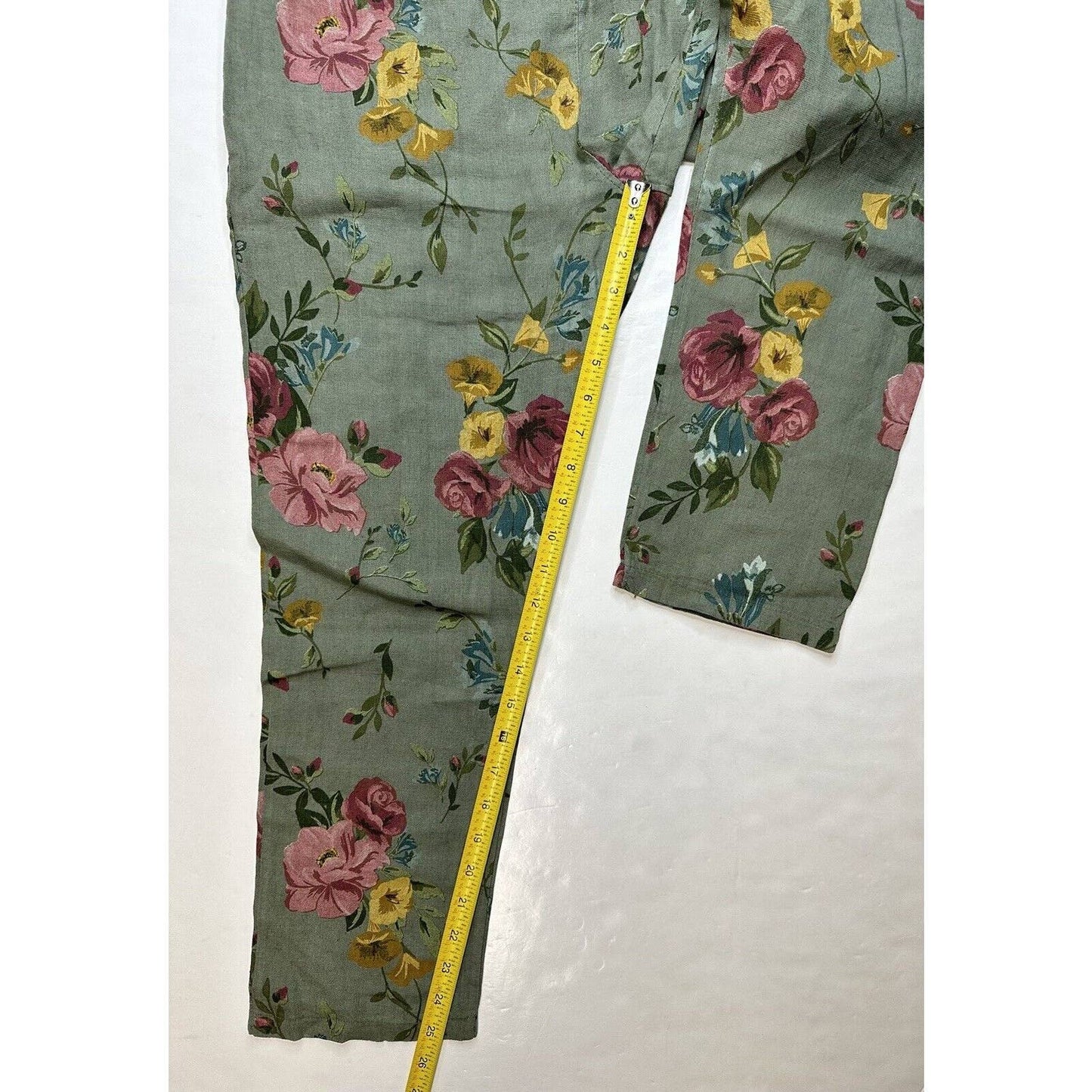 Belle France 100% Linen Crop Pants Medium Pull On Green Floral Italy No Drstring