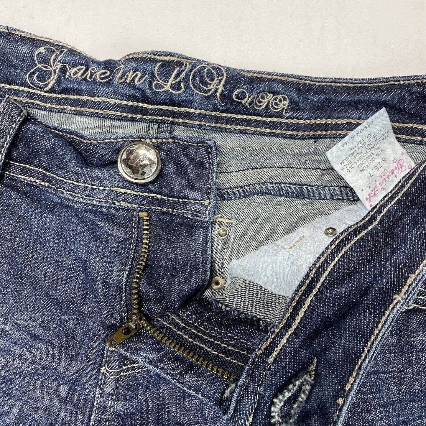 Grace In LA Capri Sz 7 Lowrise Denim Cropped Blue Jeans Rhinestones Jewels