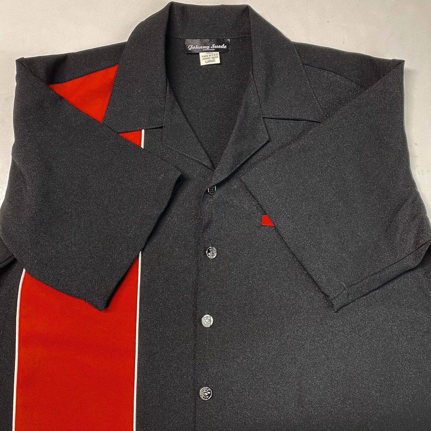 Johnny Suede Button Up Shirt Mens L Black/Red Embroidered Iron Cross Racing USA