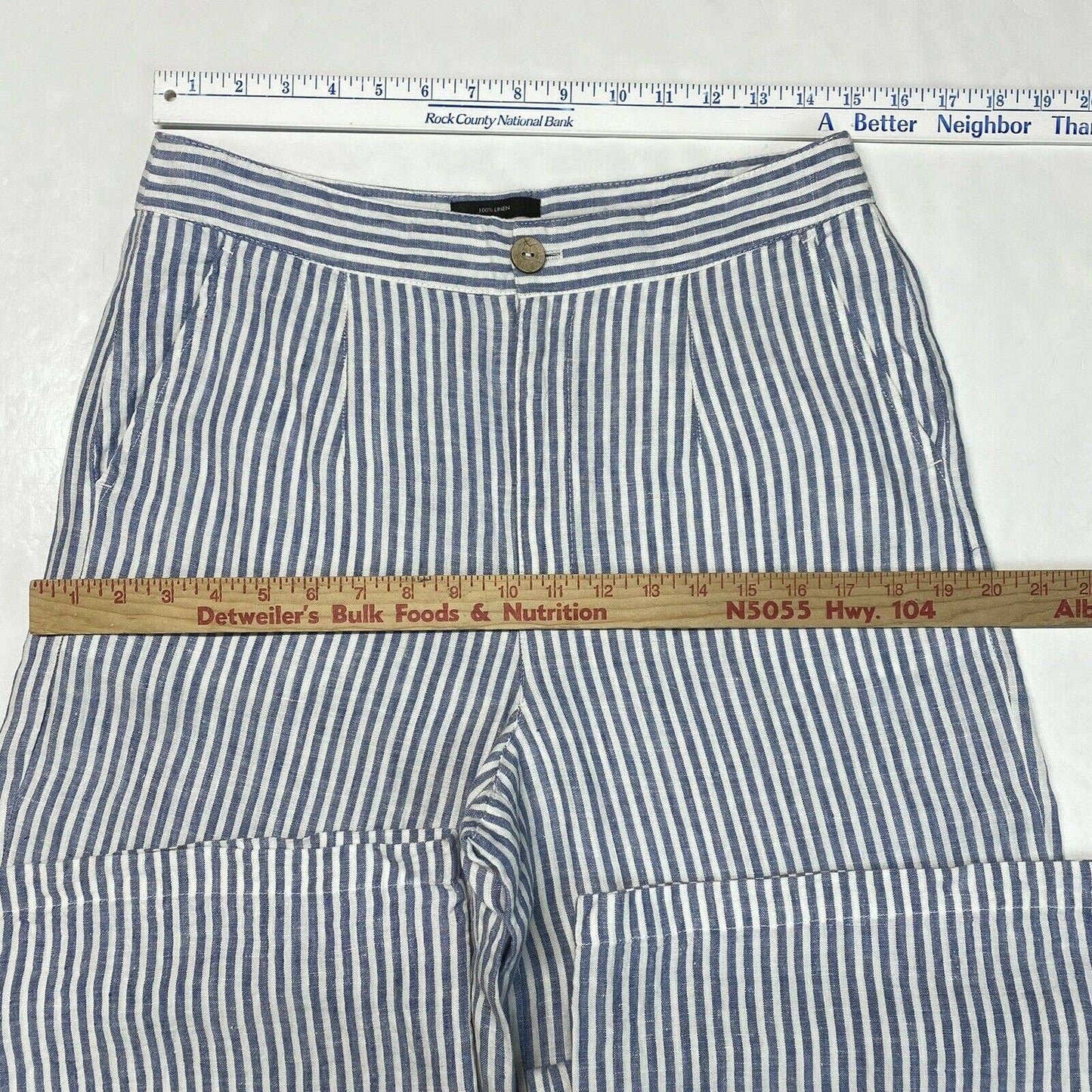 Tahari 100% Linen Wide Leg Pants Sz 12 High Rise Blue White Stripes Lightweight