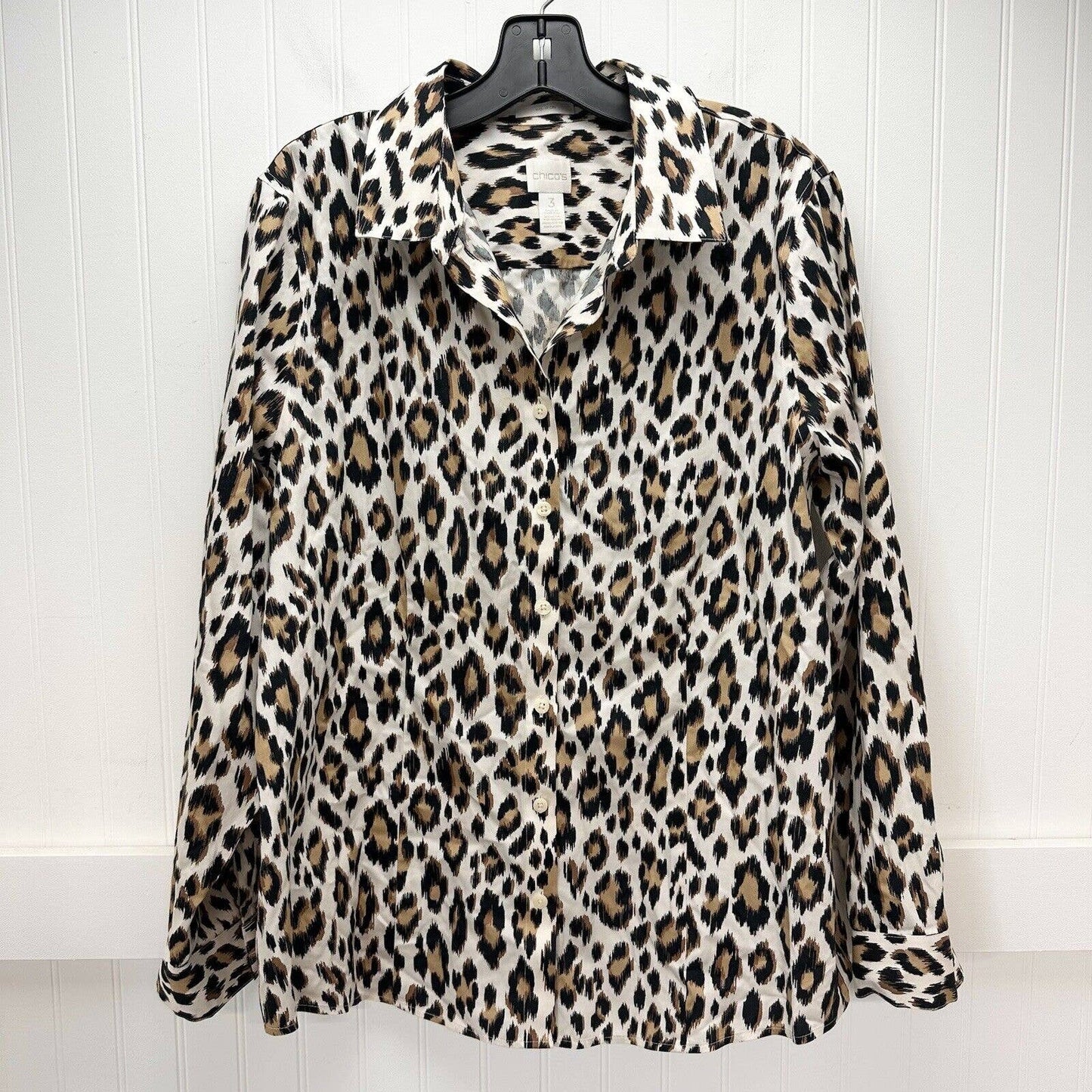 Chicos No Iron Button Up Shirt 3 (US XL) Leopard Animal Print Long Sleeve *Spot