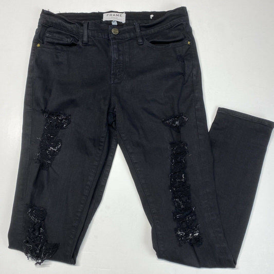 Frame Le Skinny Sz 28 Midrise Stretch Denim Black Jeans Distress Holes Destroyed