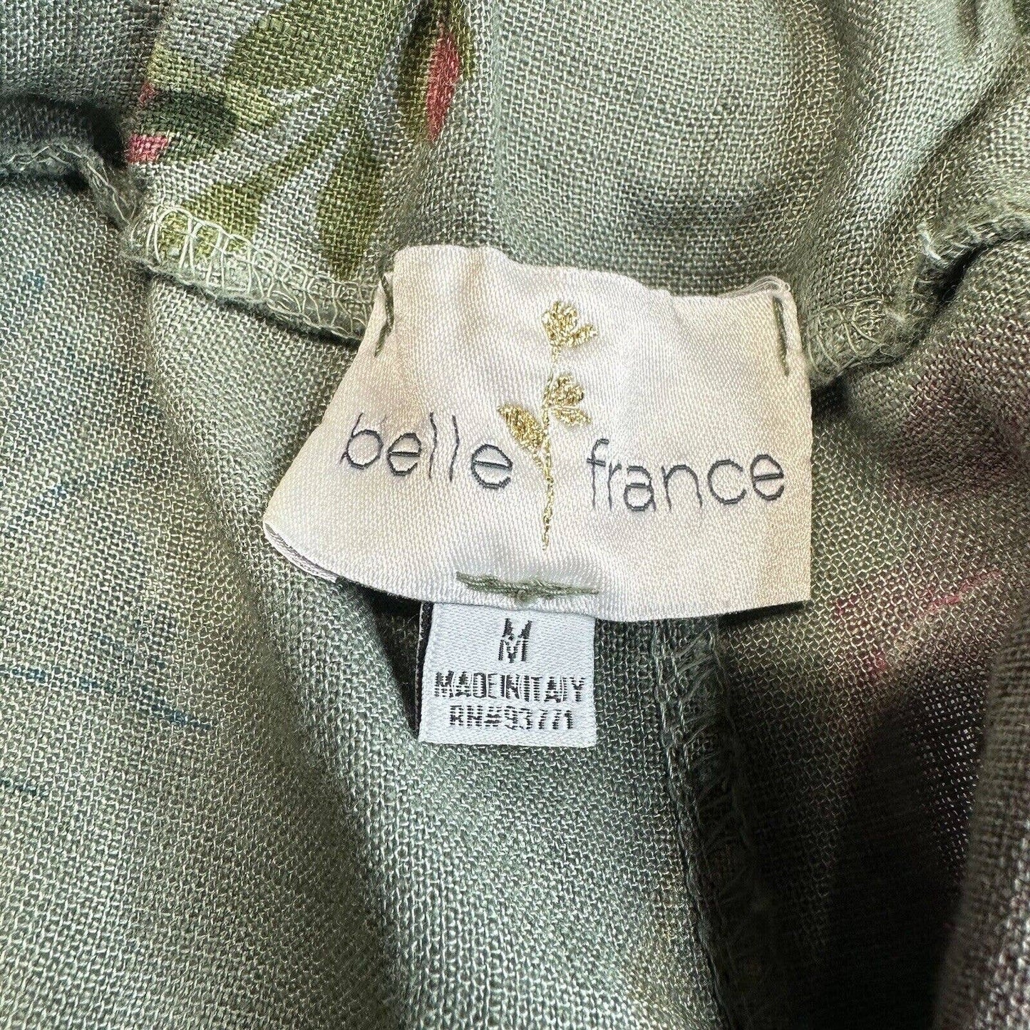 Belle France 100% Linen Crop Pants Medium Pull On Green Floral Italy No Drstring