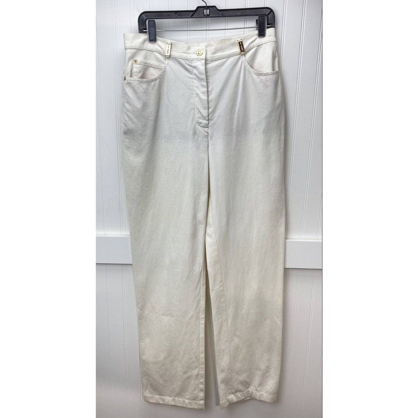 St John Sport Off White Straight Leg Pants Sz 10 High Rise Stretch USA *Flaw