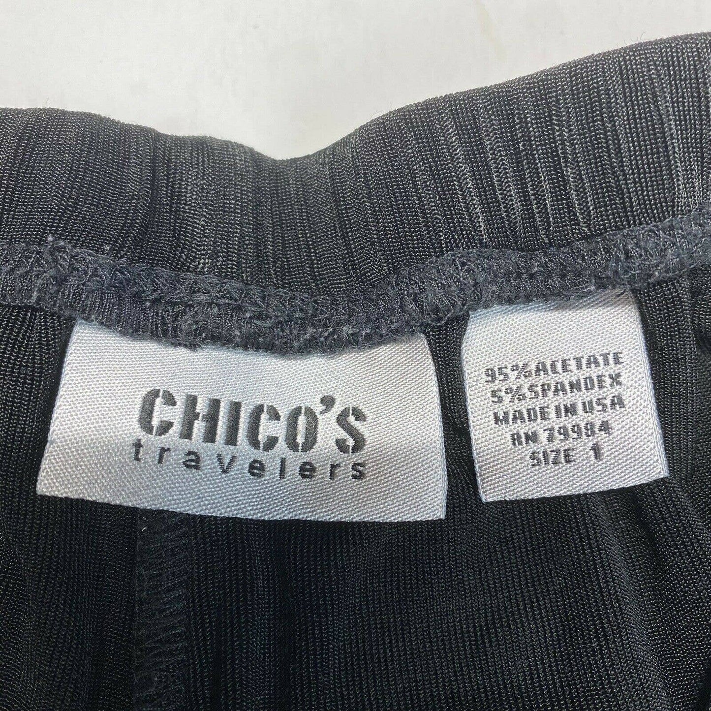 Chicos Travelers Slinky Knit Straight Leg Pants Sz 1 (US 8) Black Stretch Acetate *Flaw