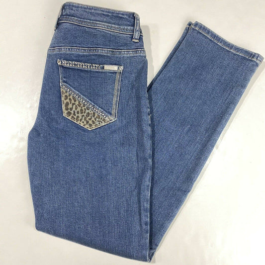 Chicos So Slimming Tapered Sz 00 (US 2) Midrise Denim Jeans Cheetah Print Jewels