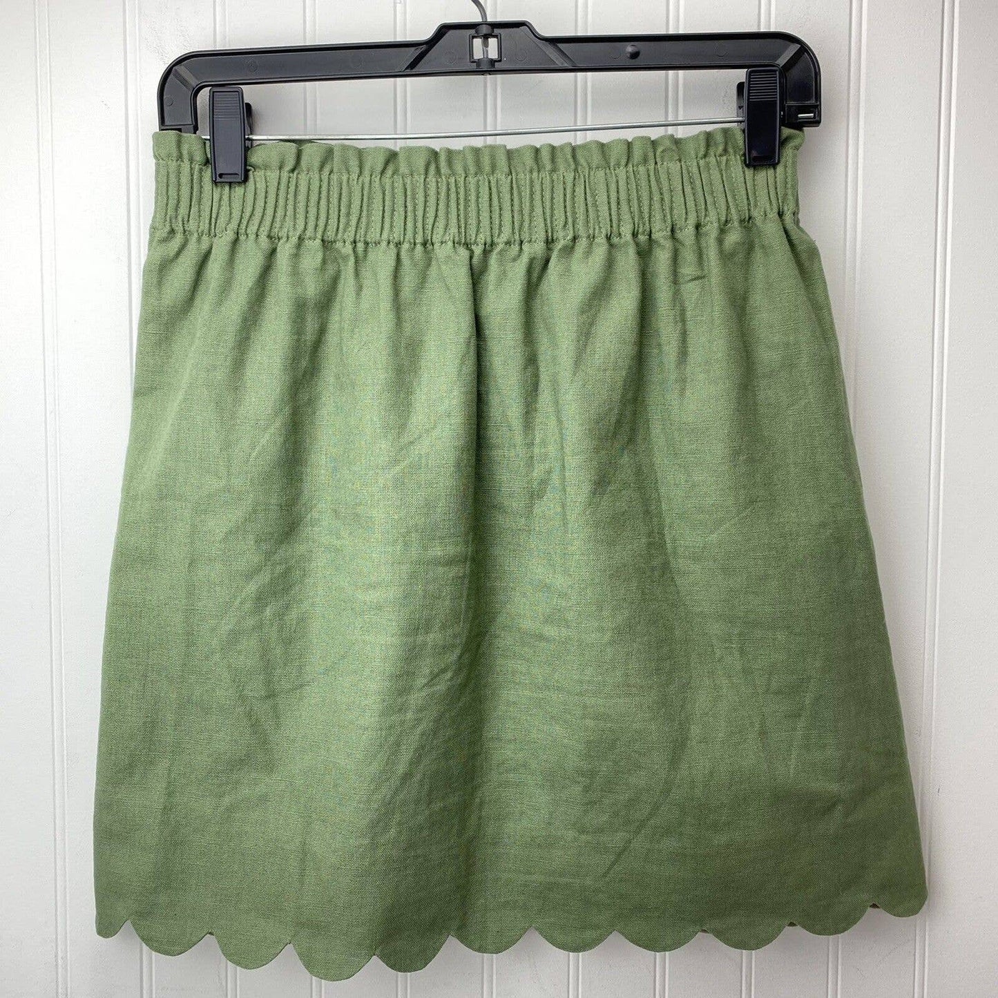 J. Crew Linen Blend Pull On Mini Skirt Sz 2 Green Lined Scalloped Hem Pockets