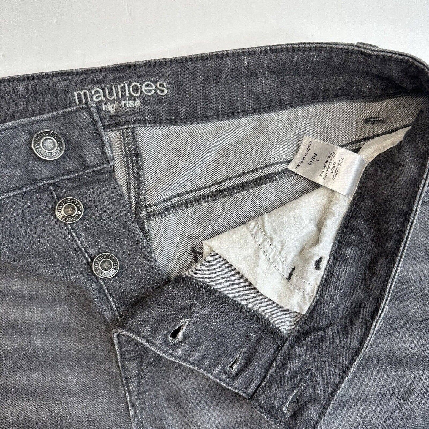 Maurices High Rise Skinny Jean Women L/12 Stretch Gray Denim Button Fly Distress