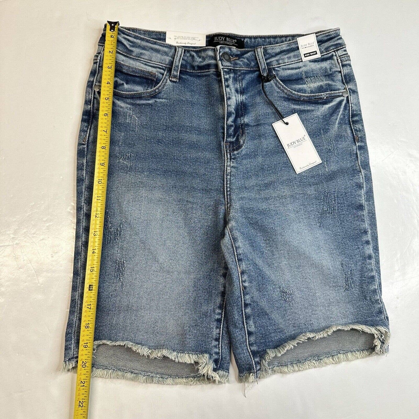 Judy Blue Aubrey High Waist Bermuda Shorts Sz Large Denim Blue Jean Distress NEW