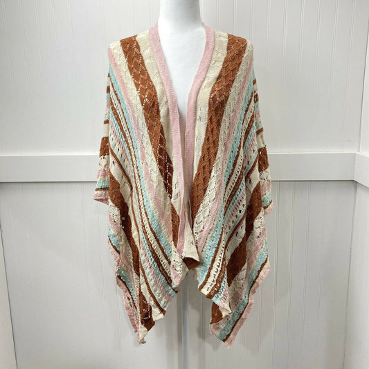 Umgee Open Knit Sweater Poncho Sz Med/Large Pink Blue Brown Boho Cardigan Drape