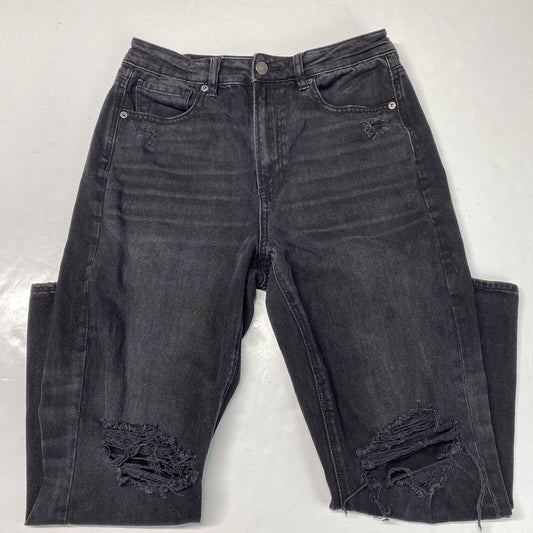 American Eagle Mom Jean Sz 6 Short High Rise Black Denim Crop Distressed Holes