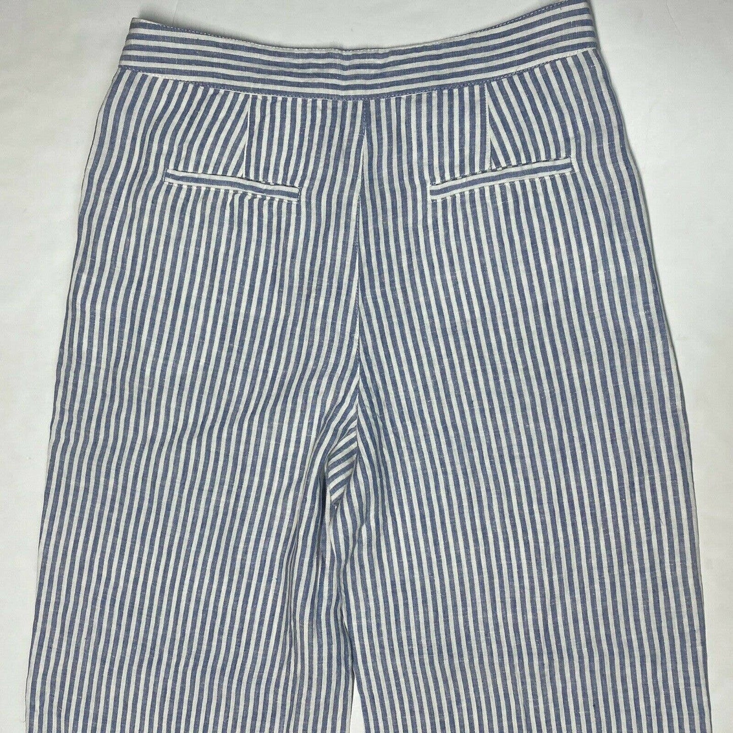 Tahari 100% Linen Wide Leg Pants Sz 12 High Rise Blue White Stripes Lightweight