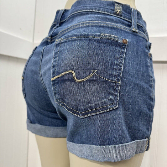 7 For All Mankind Cuffed Jean Shorts Sz 27 Blue Stretch Denim 3" Inseam 7FAM