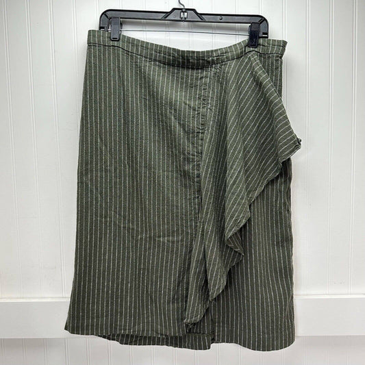 J Jill Ruffle Pencil Skirt Womens Large Petite Green Stripe Linen Blend Side Zip