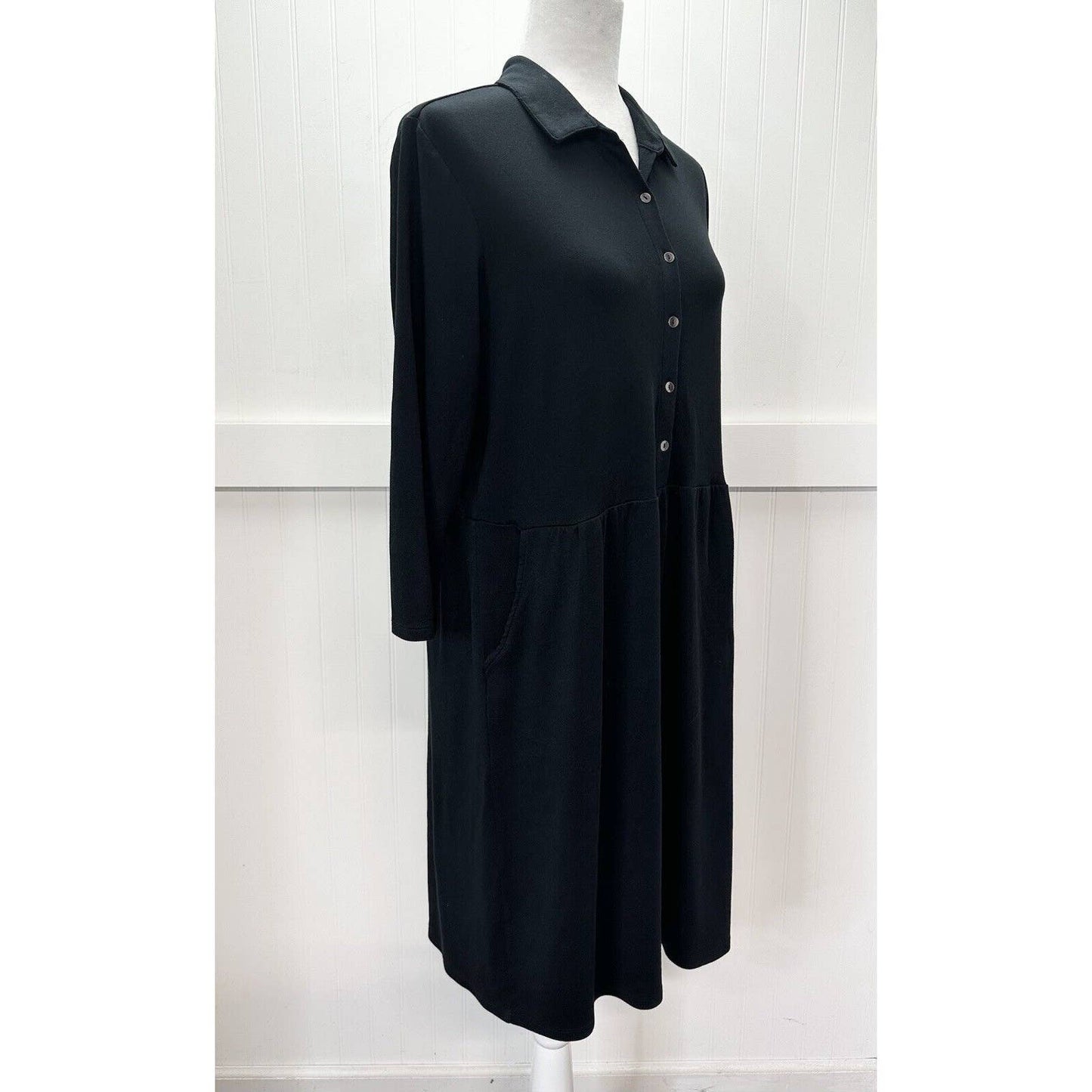 J Jill Shirt Dress Sz Medium Black Buttons Cotton Modal Blend Stretch 3/4 Sleeve