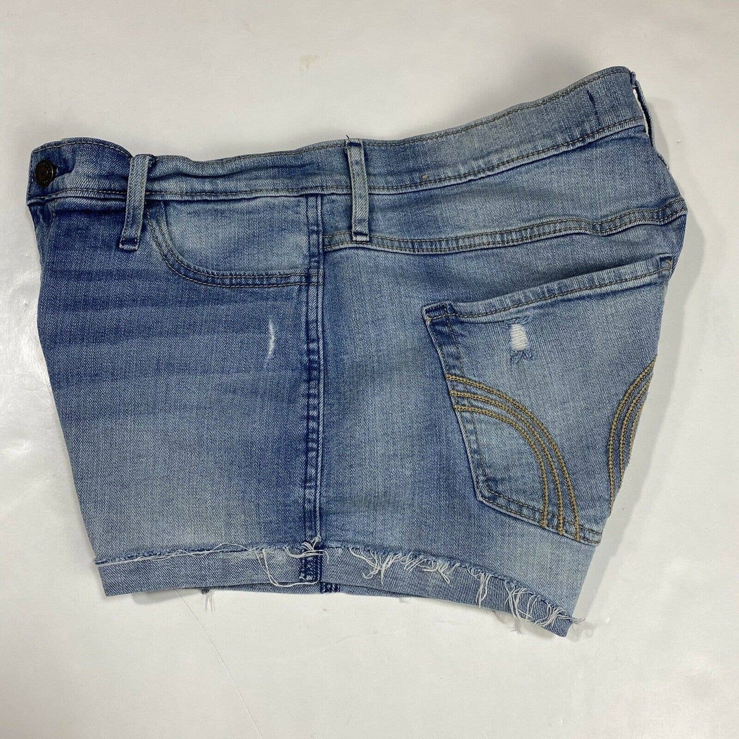 Hollister High Rise Short Shorts Sz 11/30 Womens Denim Blue Jean Holes Cuffed