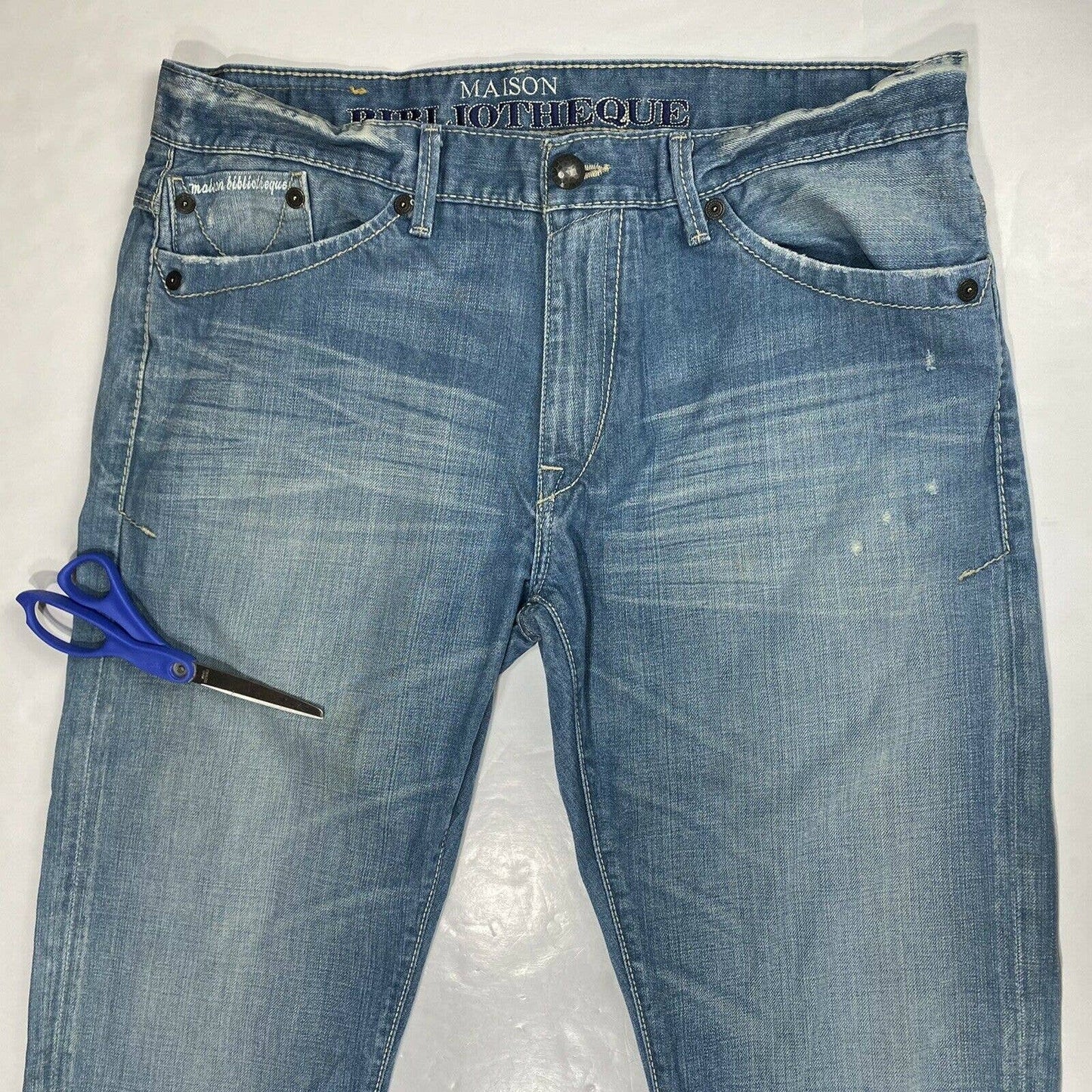 Maison Bibliotheque Straight Leg Sz 36x34 Long Mens Denim Blue Jeans Distressed