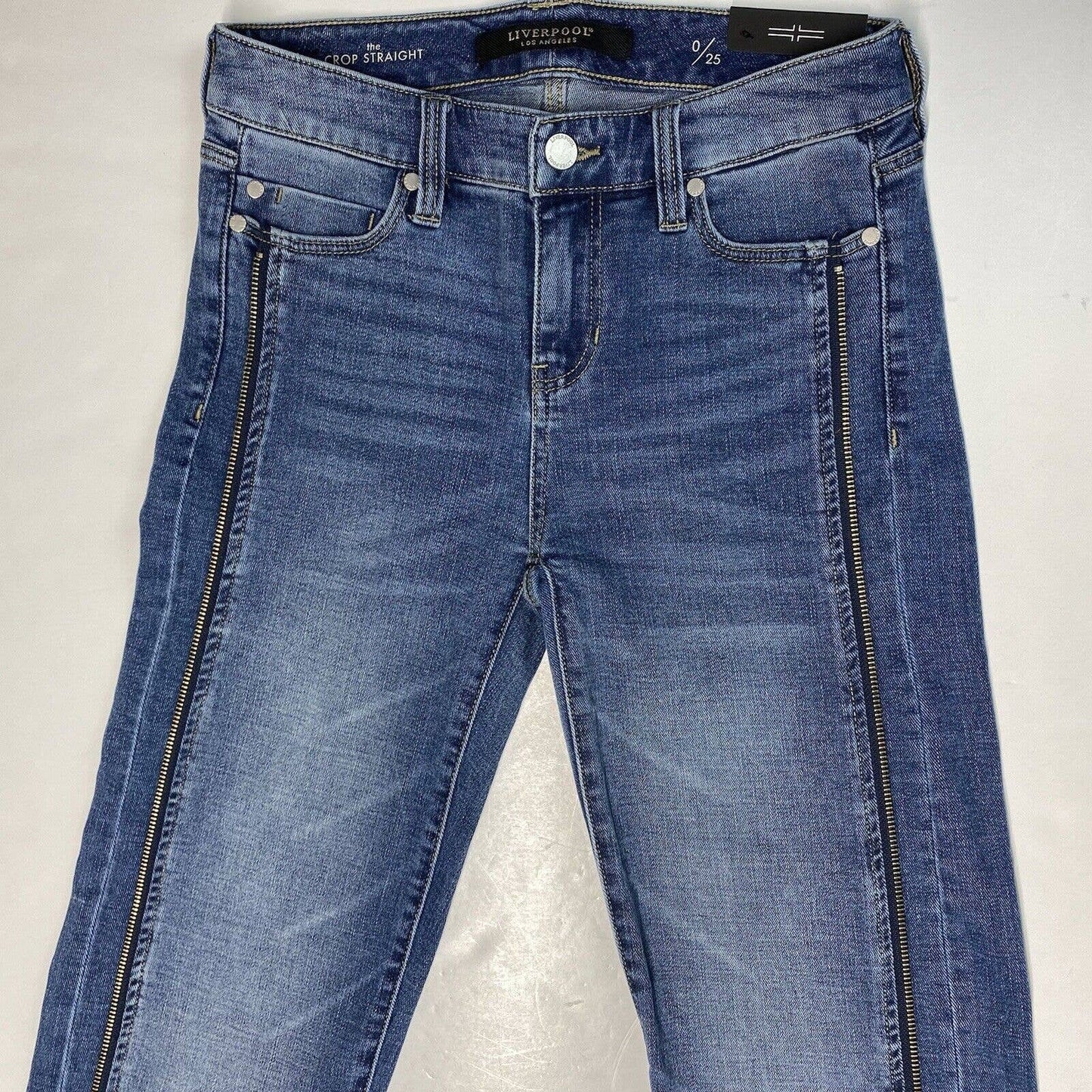 Liverpool The Crop Straight Sz 0/25 Stretch Denim Jeans Zipper Stripes Fray NEW