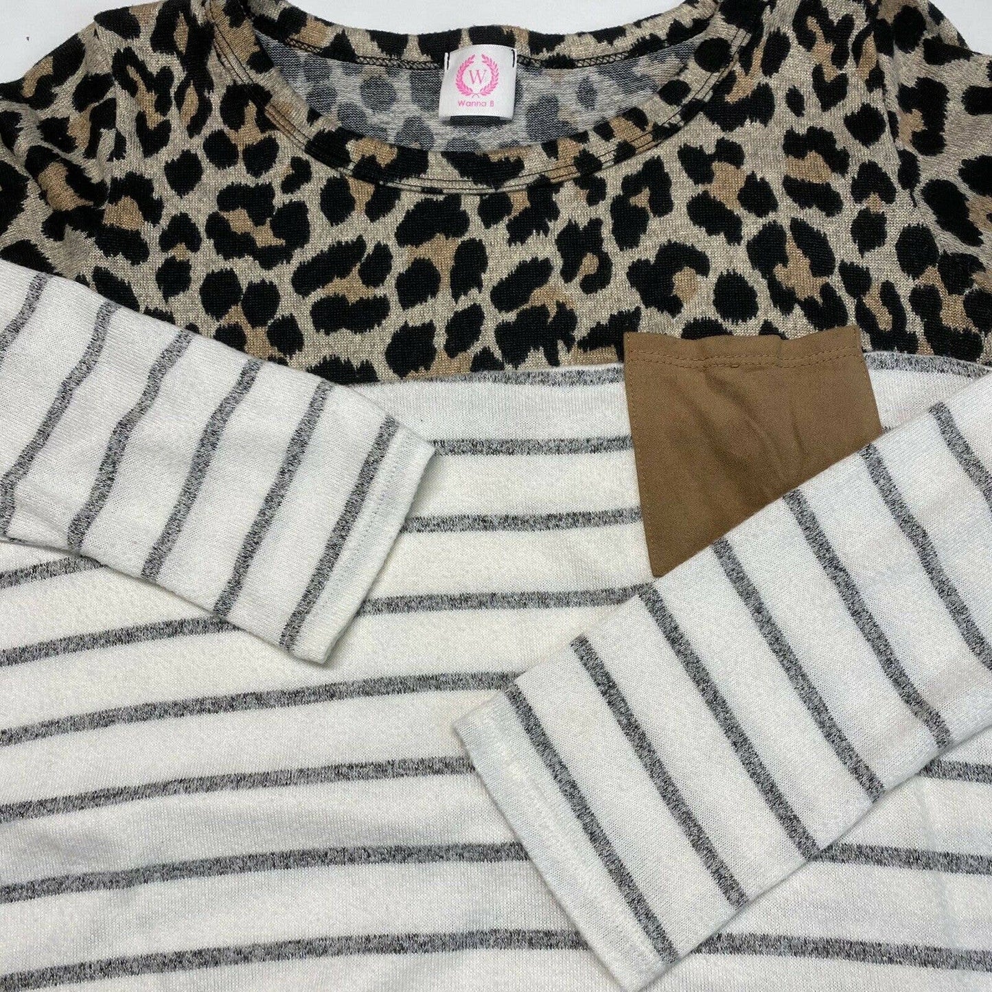 Wanna B Knit Leopard Striped Shirt Sz Medium Ivory/Tan Stretch Long Sleeve Top