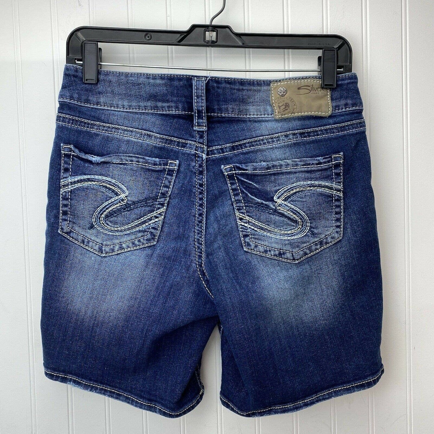 Silver Suki Mid Shorts Sz 27 (28"Waist) Stretch Denim Jean Dark Wash Distress