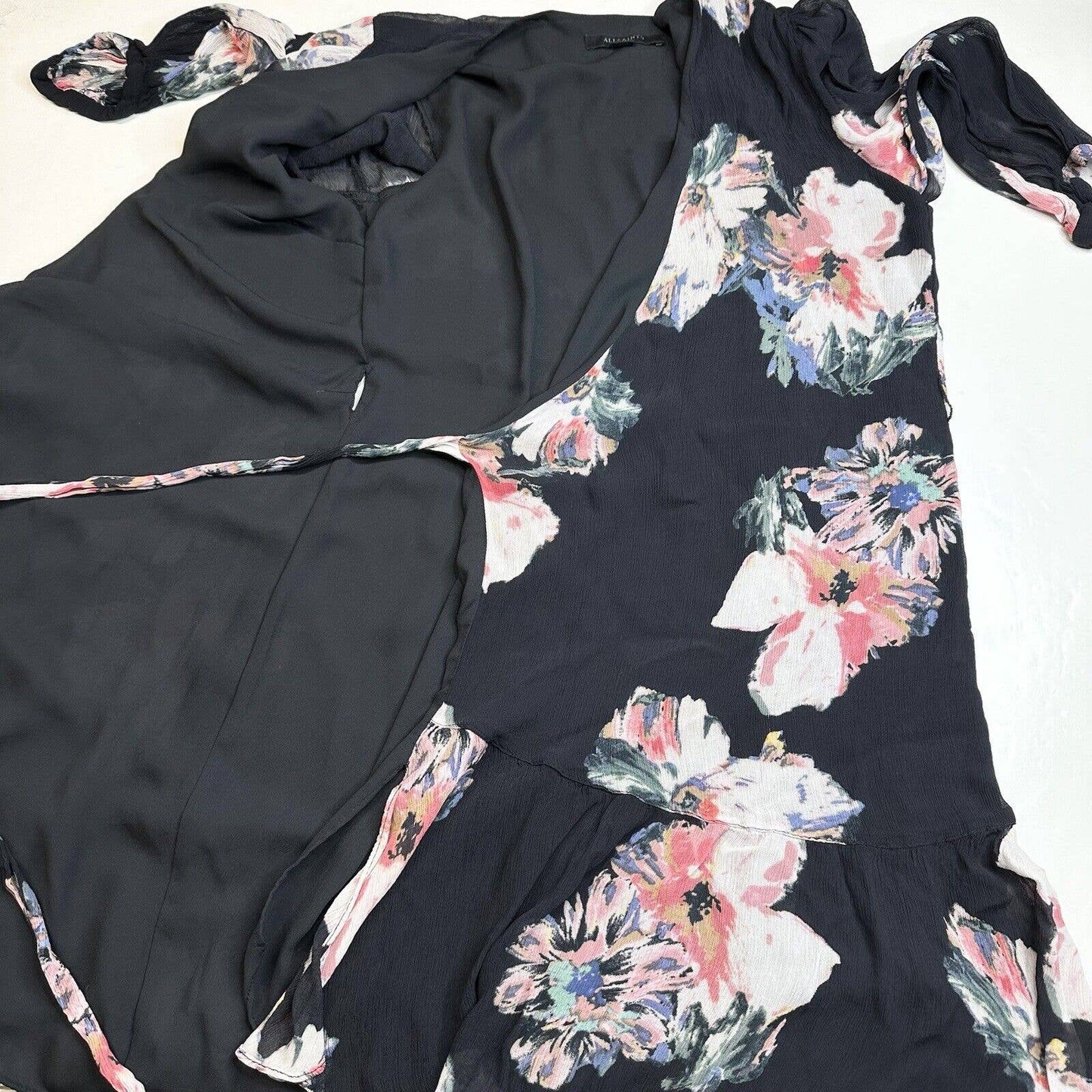 AllSaints Jade Violy Wrap Dress Women Medium Multicolor Floral Sheer Guaze Mini