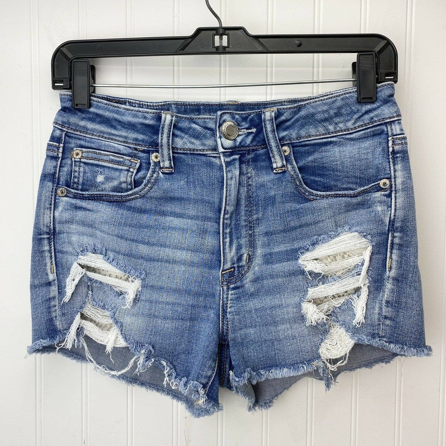 American Eagle Hi-Rise Shortie Sz 6 Next Level Stretch Denim Short Hole Fray EUC