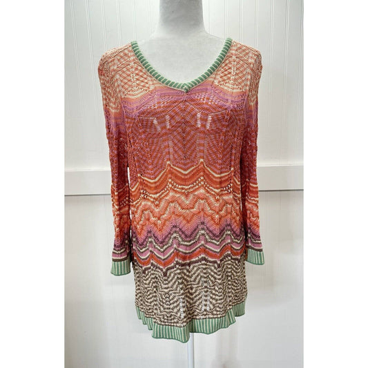 Soft Surroundings Open Knit Tunic Sweater Large Multicolor Colorful Stripes Boho