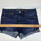 American Eagle Shortie Sz 8 Midrise Super Stretch Denim Shorts Dark Raw Hem EUC