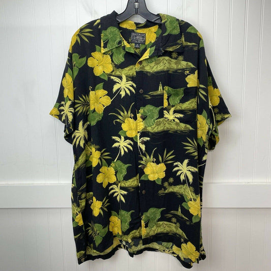 Steve & Barrys Hawaiian Button Up Shirt XL Mens Black Floral Short Sleeve *Flaw