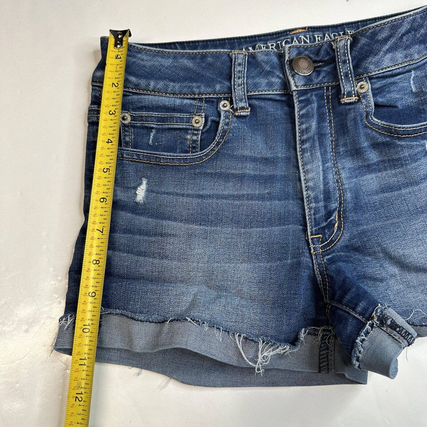 American Eagle Shortie 6 Super Stretch Denim Blue Jean Cuffed Shorts Distressed