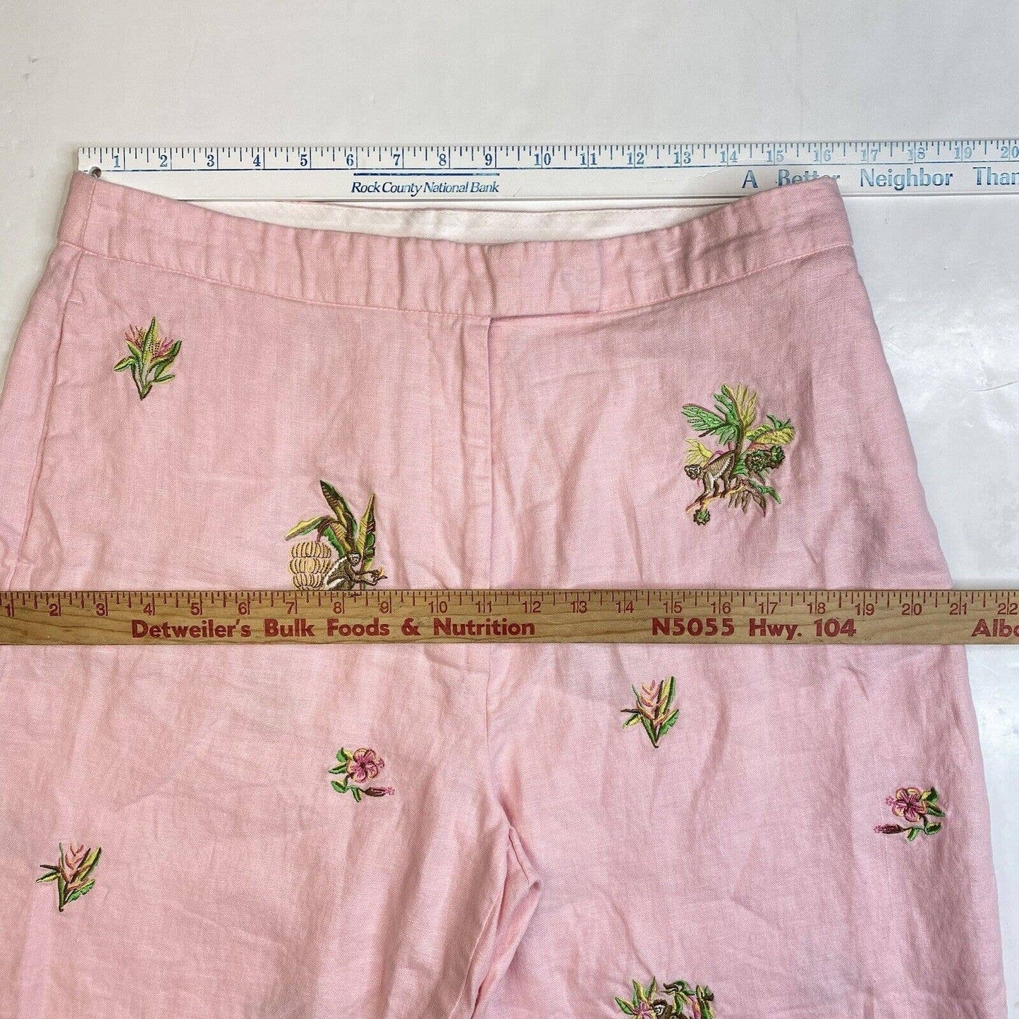 Rosanna Linen Wide Leg Crop Pant 14 (32"Waist) Pink Embroidered Monkeys Tropical