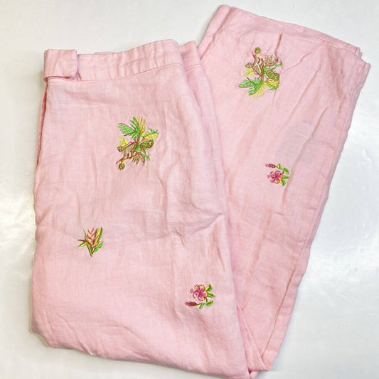 Rosanna Linen Wide Leg Crop Pant 14 (32"Waist) Pink Embroidered Monkeys Tropical