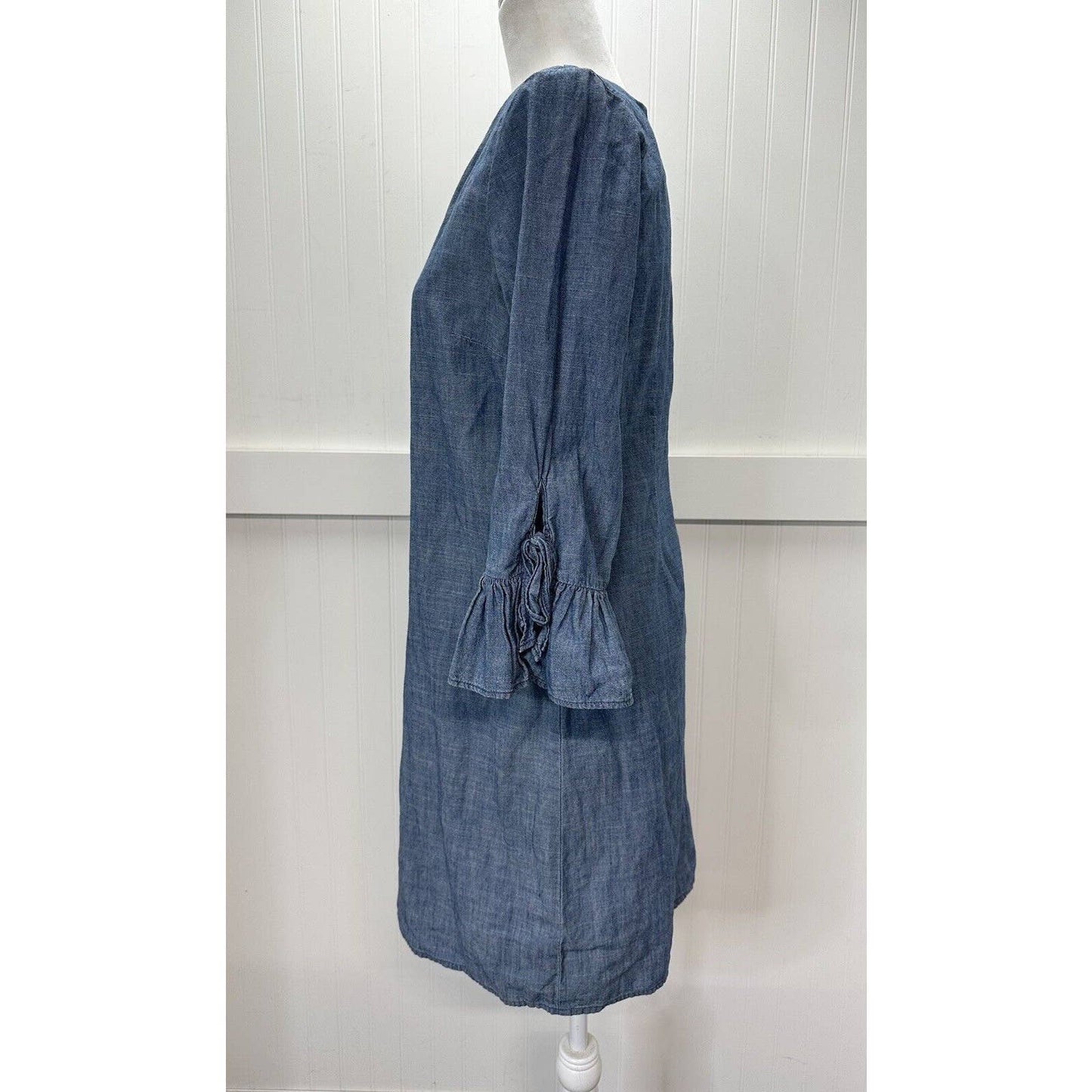 J Crew Chambray Shift Dress Womens 4 Blue Cotton Bell Flutter Long Sleeves Zip