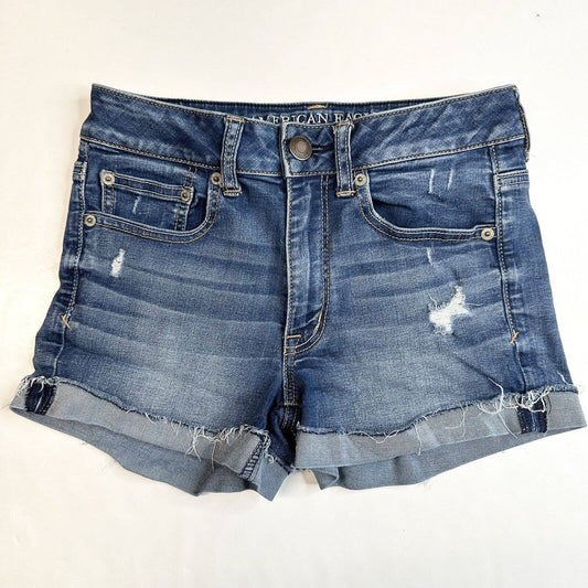 American Eagle Shortie 6 Super Stretch Denim Blue Jean Cuffed Shorts Distressed