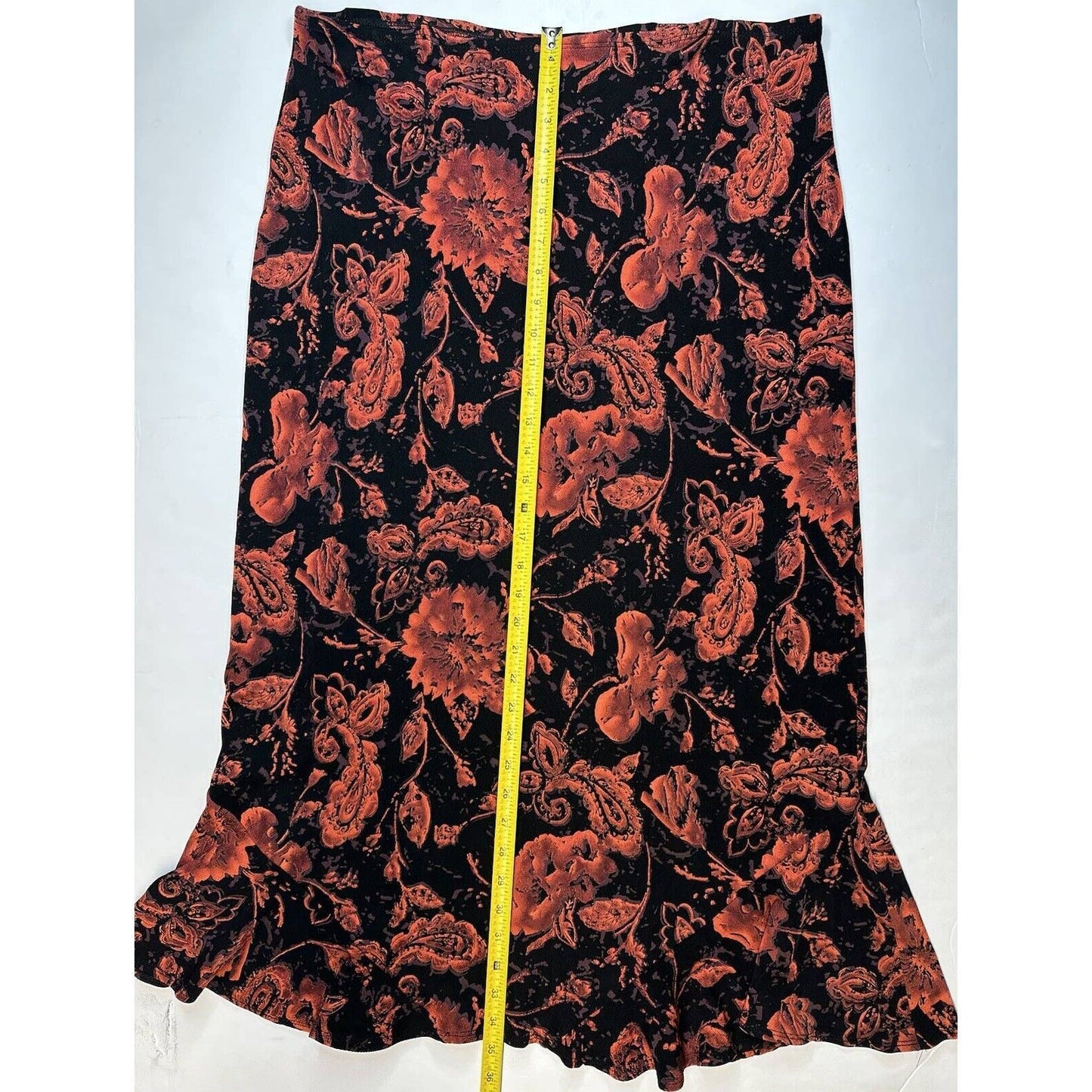 NYPL Collection Slinky Knit Maxi Skirt Sz Large Floral Red/Black Pull On Long