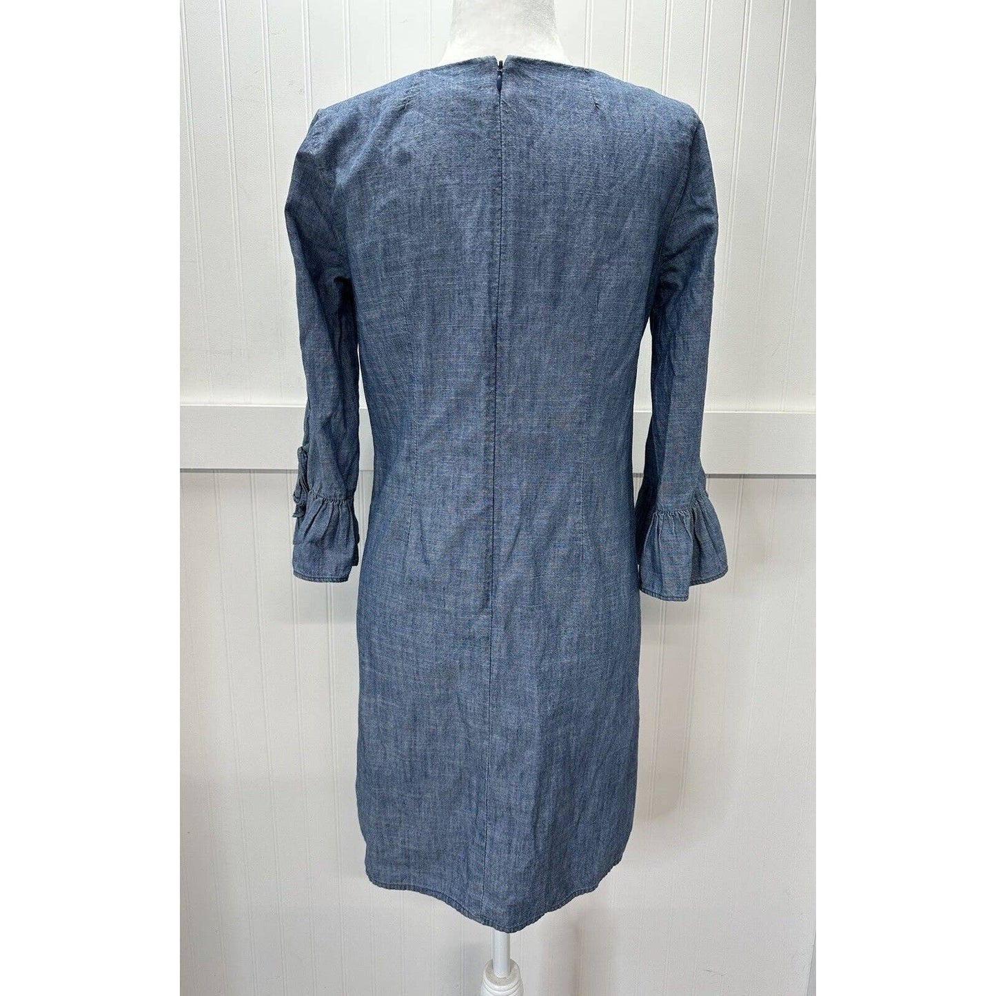 J Crew Chambray Shift Dress Womens 4 Blue Cotton Bell Flutter Long Sleeves Zip