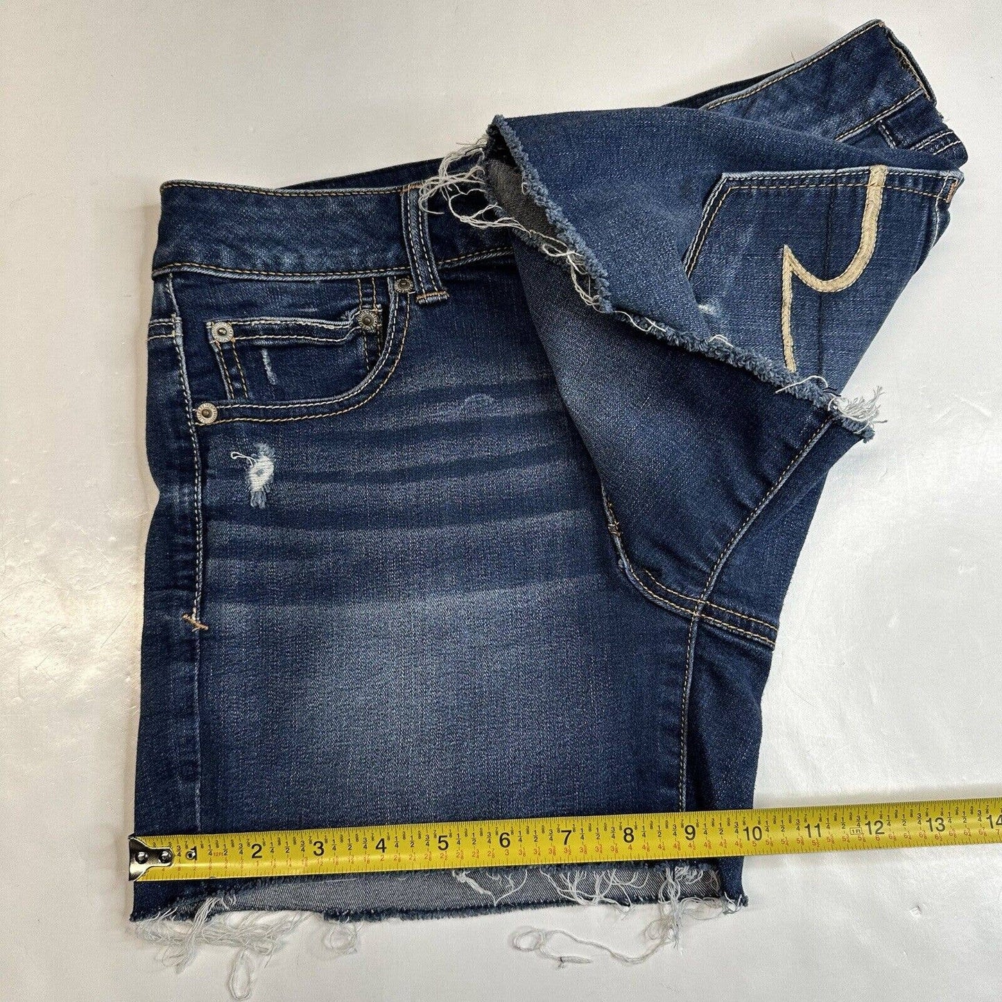 American Eagle Hi-Rise Shortie Sz 8 Super Super Stretch Denim Blue Jean Distress