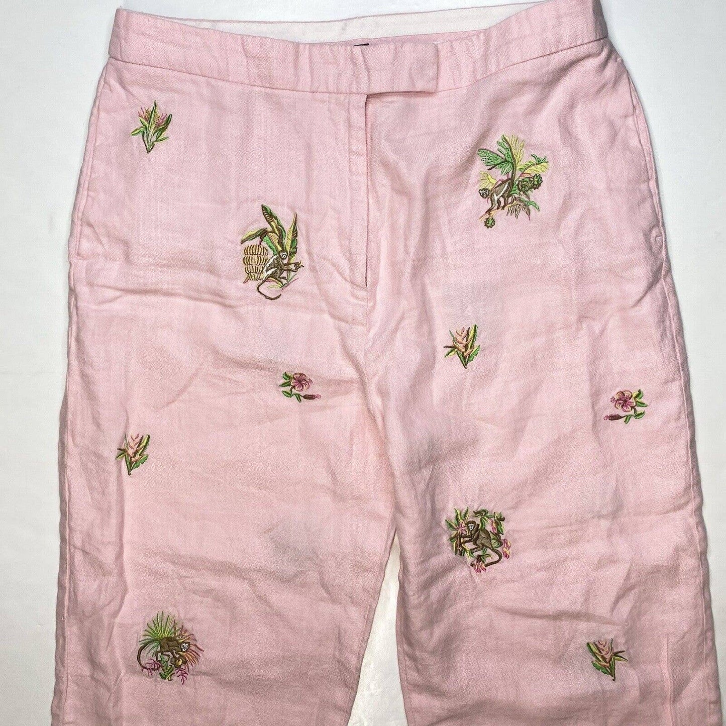 Rosanna Linen Wide Leg Crop Pant 14 (32"Waist) Pink Embroidered Monkeys Tropical